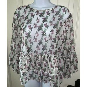 NWT Buffalo David Bitton Floral Chiffon Peasant Blouse Sz LARGE White Pink $69
